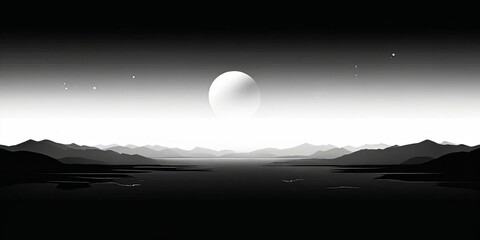 Poster - A black and white photo of a moonlit night with a large moon in the sky