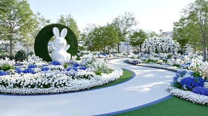 Serene Spring Garden Path with White Rabbit Statue and Lush Blossoms