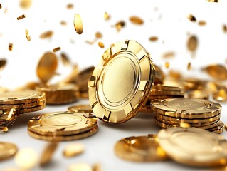 Golden coins falling casino digital art indoor close-up wealth concept