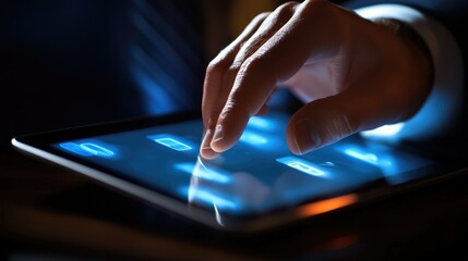 Close up businessman hand touching on screen of digital tablet