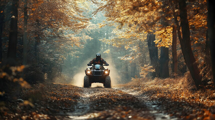 Poster - ATV riding through a forest trail in autumn, driven by a man in protective gear, embodying off-road adventure  -  