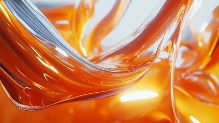 Abstract 3D rendering of flowing orange liquid with metallic reflections