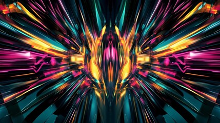 Fototapete - Abstract symmetrical digital art with vibrant glowing lines and sharp edges creating optical illusion