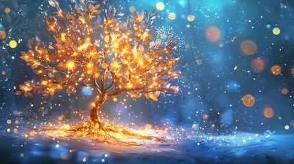 Wall Mural - Cheerful winter scene with a glowing tree decorated in gold and bright lights, set against a vibrant bokeh backdrop.