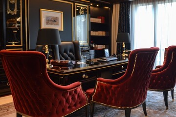 Poster - Comfortable seating area with stylish chairs and greenery in a modern office building during the day