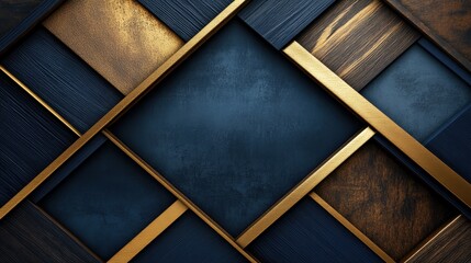Poster - Abstract Geometric Design: Dark Wood, Gold Accents, and Navy Blue Concrete Texture