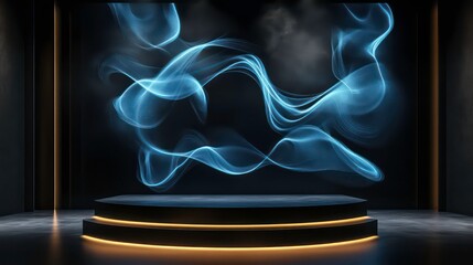 Wall Mural - Dark room with illuminated platform and blue smoke.