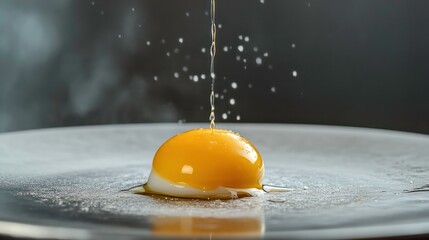Poster - Close-up of a runny egg yolk on a plate with water splashing.