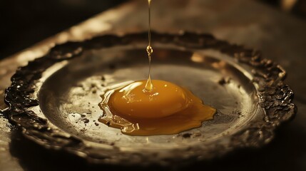 Poster - Close-up of a raw egg yolk pouring onto an antique silver plate.