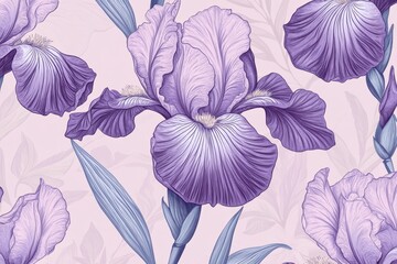 Poster - Colorful iris flower pattern showcasing soft purple hues in a delicate design ideal for fabric or wallpaper in spring or summer