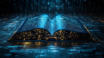 Poster - an open book displaying streams of binary code symbolizing the fusion of literature and technology i