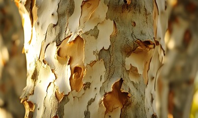 Sycamore tree bark texture, sunlight, close-up, nature background, botany