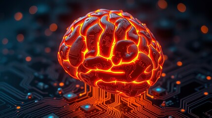 Wall Mural - Glowing neon orange brain, circuit board texture, digital neuroscience, futuristic AI concept, intricate neural network, cyberpunk aesthetic, dark background with bokeh lights, high-tech imagination