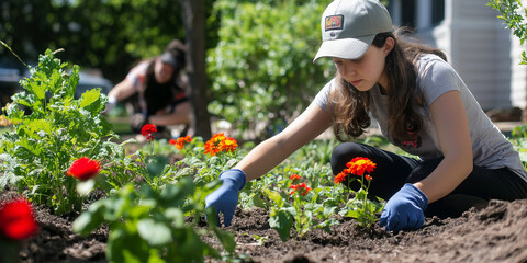 Wall Mural - Teenager volunteering at a community garden, planting flowers, wearing gloves and sun hat. Farming organic garden with various vegetables. Cultivation of fresh produce in gardens.