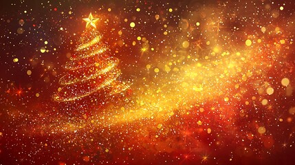 Wall Mural - Christmas tree with gold stars and twinkling lights, set against a glowing red and gold bokeh background, creating a warm festive atmosphere.