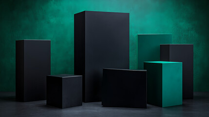 Poster - Geometric composition of black and green boxes studio setting photography minimalist environment elevated view art concept