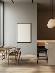 Poster - blank white poster on light grey wall in modern open space office with light furniture and wooden fl