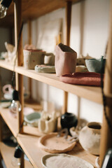 Poster - Creating ceramics ware with own hands. Shelf with handmade clay cups and plates in the pottery studio.