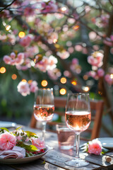 Wall Mural - Two glasses of pink wine on a table on cozy wooden terrace with blossoming trees and string lights in background. Charming evening in spring garden.