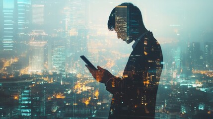 Poster - Abstract image of businessman using tablet in modern office interior with panoramic city view, businesspeople and mock up place. Teamwork, leadership and technology concept. Double exposure