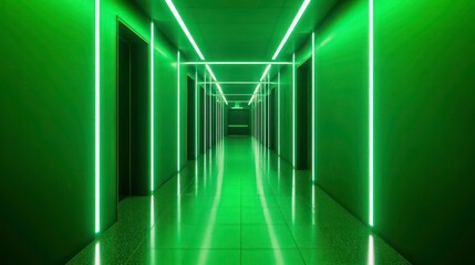 Wall Mural - Green neon lights illuminate a long, reflective corridor with doors on either side.