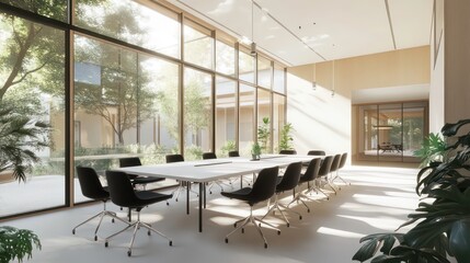 Poster - Modern, sunlit conference room with large windows overlooking a lush garden.
