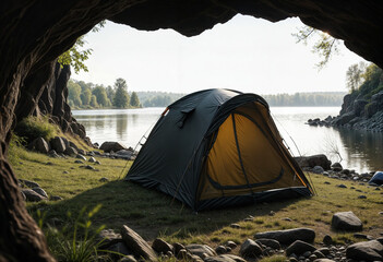 camping in the mountains black tent