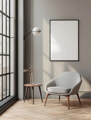 Poster - blank white poster on light grey wall in modern open space office with light furniture and wooden fl