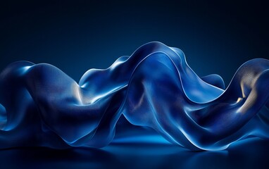 Poster - Abstract blue fabric waves, dark background.