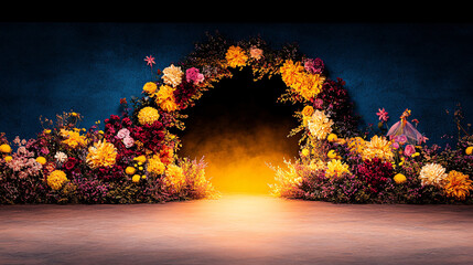 Wall Mural - vibrant floral archway leading to glowing entrance, surrounded by colorful flowers and mystical atmosphere. This enchanting scene evokes sense of wonder and beauty