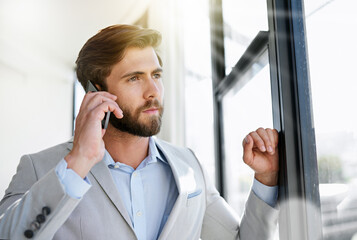 Aufkleber - Businessman, thinking and window with phone call for communication, negotiation or proposal at office. Man, employee or agent with mobile smartphone for business discussion, conversation or chat
