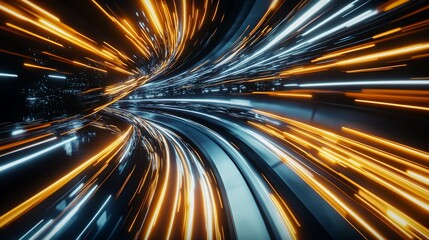Fototapete - Futuristic Tunnel with Streaking Lights in Motion Graphic Abstract Background