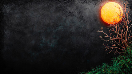 Wall Mural - vibrant orange sun rises over dark textured background, illuminating barren tree on right and lush greenery at bottom, creating striking contrast