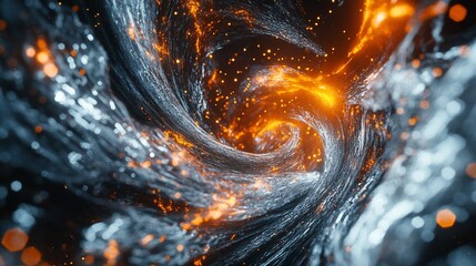 Fototapete - Abstract swirling vortex with glowing orange particles and textured silver surface