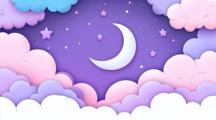 Wall Mural - dreamy crescent moon surrounded by soft clouds and stars in sky