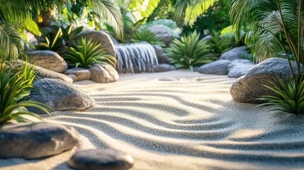 Wall Mural - Waterfall in a tropical garden with sand, rocks and jungle plants, good for background design