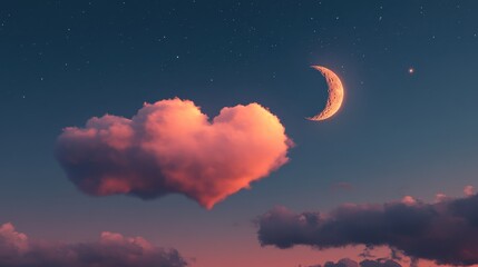 Wall Mural - heart-shaped cloud glowing under the night sky with gentle moon