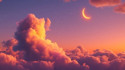Wall Mural - glowing heart-shaped cloud under a twilight sky with a crescent moon