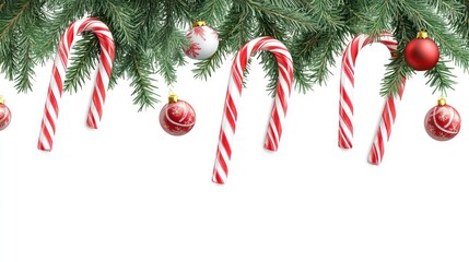 Wall Mural - Festive Christmas border with candy canes, ornaments, and fir branches on white background.