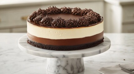 Poster - A decadent triple-layer chocolate cheesecake with alternating layers of dark, milk, and white chocolate, displayed on a marble cake stand