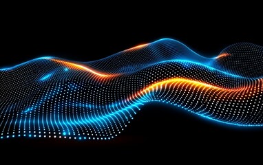 Poster - Abstract glowing blue and orange wave particles on black background.