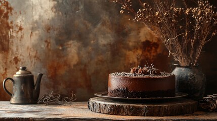 Wall Mural - A rustic farmhouse-style chocolate cheesecake with a thick brownie base, set against a warm, cozy background