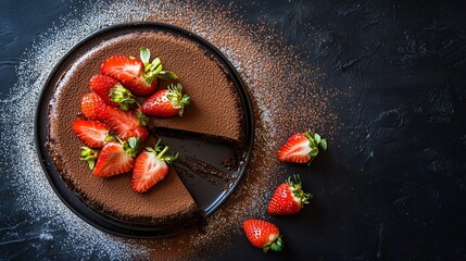 Poster - An artistic chocolate cheesecake plated with fresh strawberries, surrounded by cocoa powder and a dusting of powdered sugar