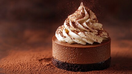 Wall Mural - Chocolate cheesecake topped with a swirl of espresso whipped cream and dusted with cocoa powder, isolated on a deep brown background