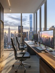 Poster - modern coworking office interior with long desk, computers, chair and city view. workplace and compa