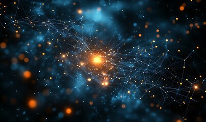 Poster - abstract network connection with glowing particles in dark space.