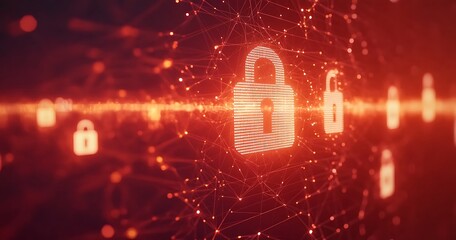 Poster - Network security concept with glowing padlock icons connected by lines.