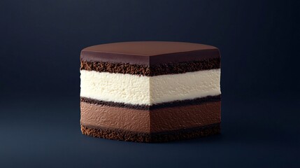 Wall Mural - Triple chocolate cheesecake with dark, milk, and white chocolate layers, isolated on a deep navy blue background