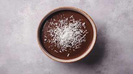 Wall Mural - Vegan chocolate cheesecake topped with fresh coconut flakes, arranged on a ceramic dish, with a subtle pastel background