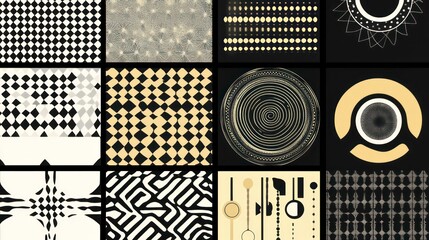 Aufkleber - Abstract geometric patterns in black, white, and gold.